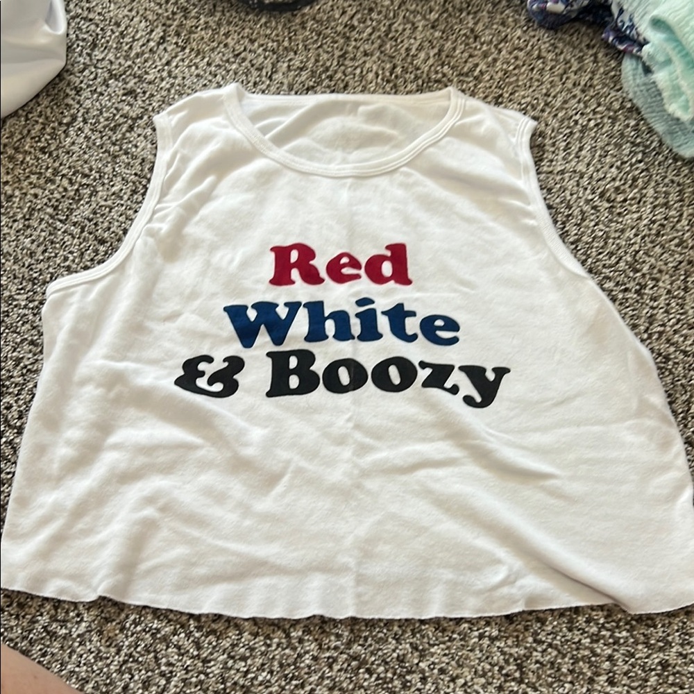 White Tank Top with Red, Blue, and Black Text